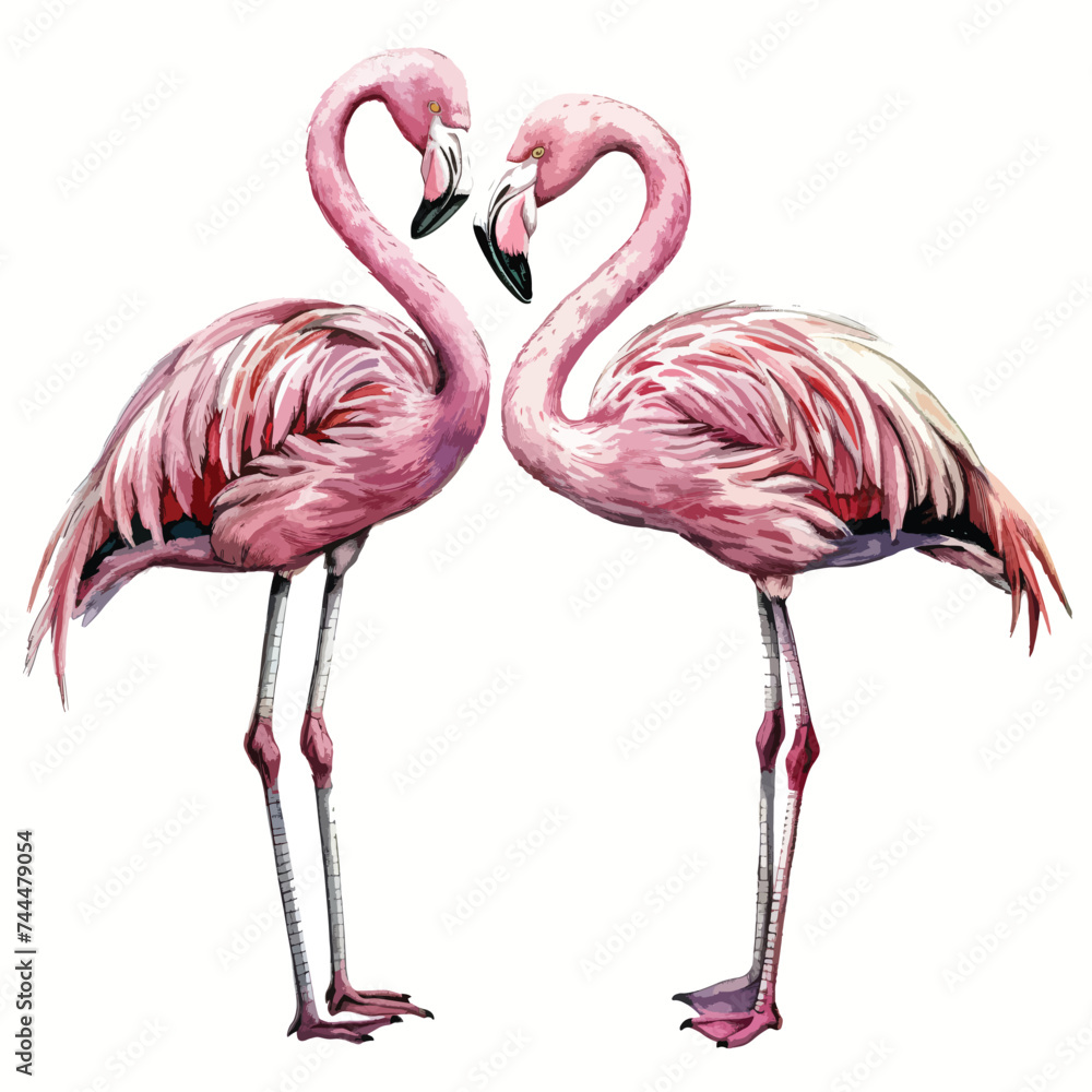 Two watercolor pink flamingo isolated illustration