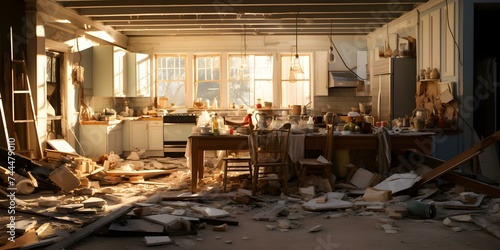 A cluttered kitchen amidst rubble in a collapsed room. Concept Cluttered Kitchen, Collapsed Room, Rubble, Disaster Scene, Chaos photo