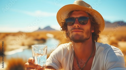 Man drinking a glass of water in the desert.