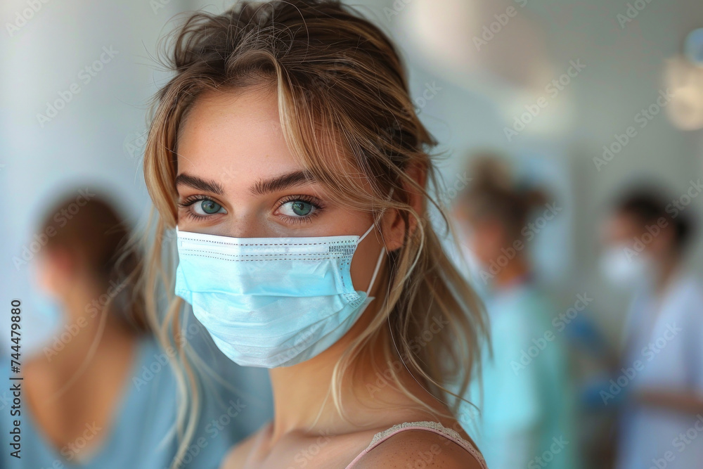 Coronavirus, Epidemic Outbreak. A woman, a girl with a mask on her face holds an injection. Test yourself, stay home, and save lives. - obrazy, fototapety, plakaty 