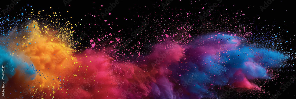 Explosion of colorful powder on black background. rainbow explosion explode burst isolated splatter abstract,Colorful rainbow holi powder splash, smoke or fog particles explosive special effect	
