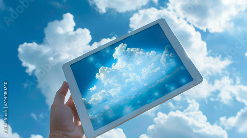 Hand holding tablet with cloud storage