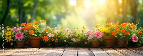 Gardening background with flowerpots in sunny spring or summer garden, festive mood, Easter concept 