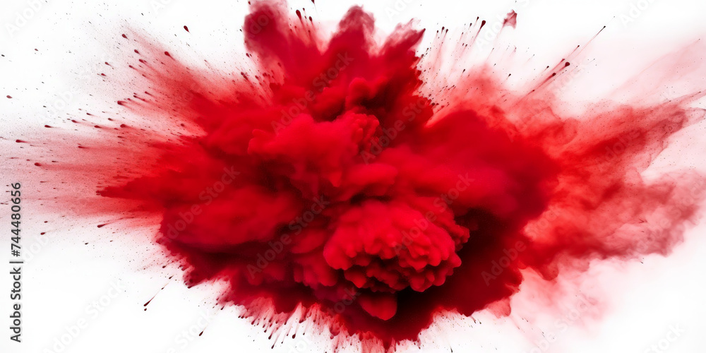 a red splash painting on white background, red powder dust paint red explosion explode burst isolated splatter abstract. red smoke or fog particles explosive special effect 