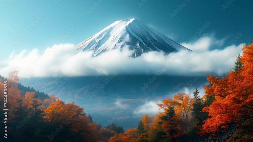 Winter view of Mount Fuji, a majestic volcano surrounded by snow-capped peaks, under a cloudy sky