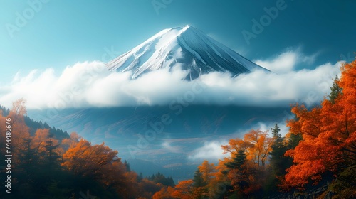 Winter view of Mount Fuji  a majestic volcano surrounded by snow-capped peaks  under a cloudy sky