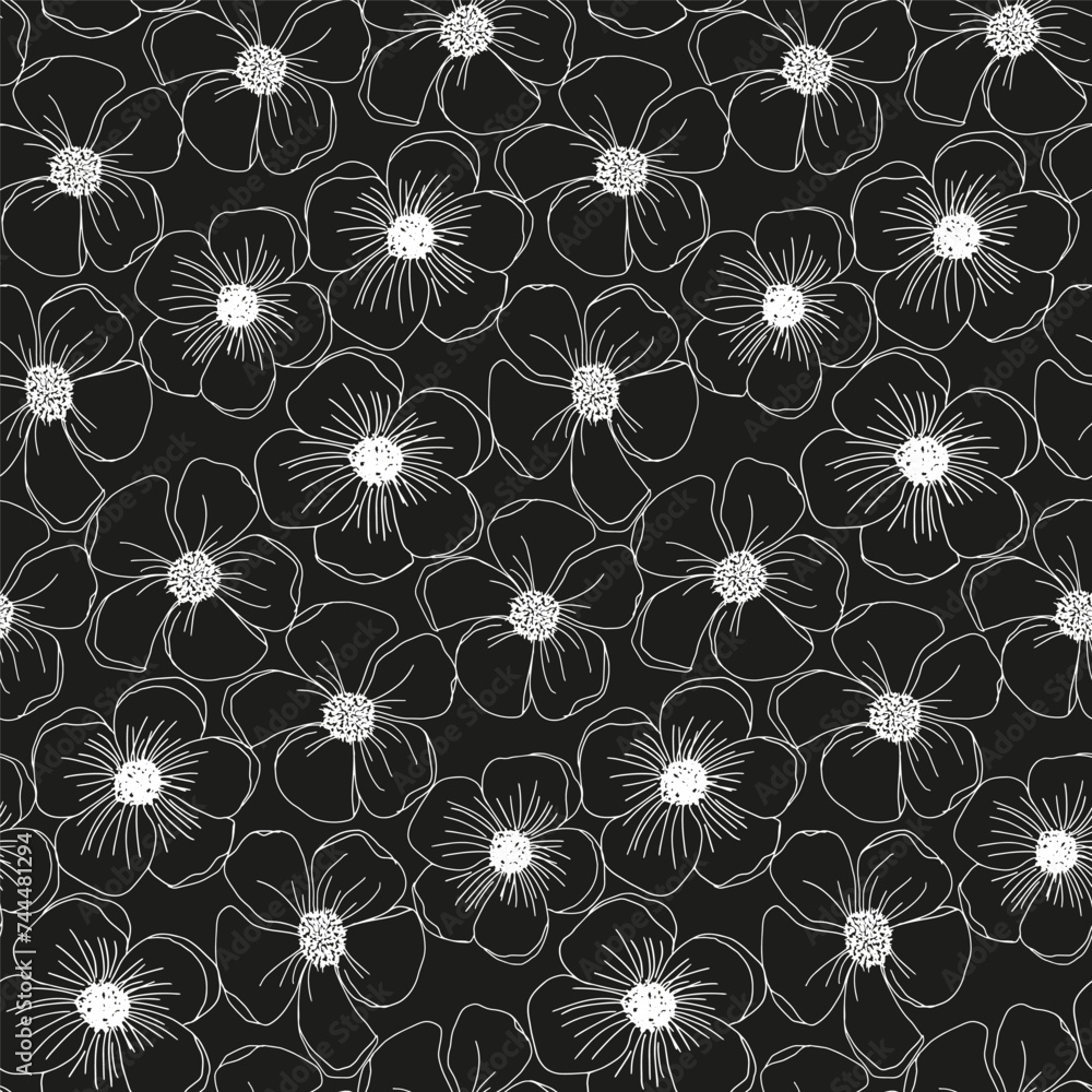 Black and white floral seamless pattern with hand drawn line art flower for textile, wallpaper, scrapbook, cover in shabby chic style. Vector background.