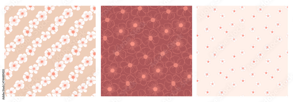 Peach fuzz pastel floral seamless pattern set with hand drawn line art flower for textile, wallpaper, scrapbook, cover in shabby chic style. Vector background. Peach fuzz pastel floral seamless pattern set with hand drawn line art flower for textile, wallpaper, scrapbook, cover in shabby chic style. Vector background.