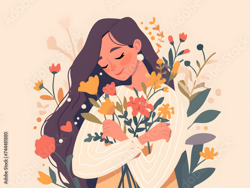 Vector colorful illustration of a cute woman on a floral background of flowers  Generative AI