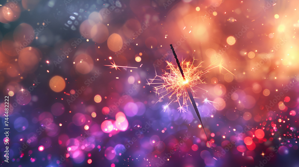 sparkler with blurred busy city light background, Hand holding a sparkler with blurred busy city light, Two burning sparklers. Dark background with lights. Vertical. Generative Ai