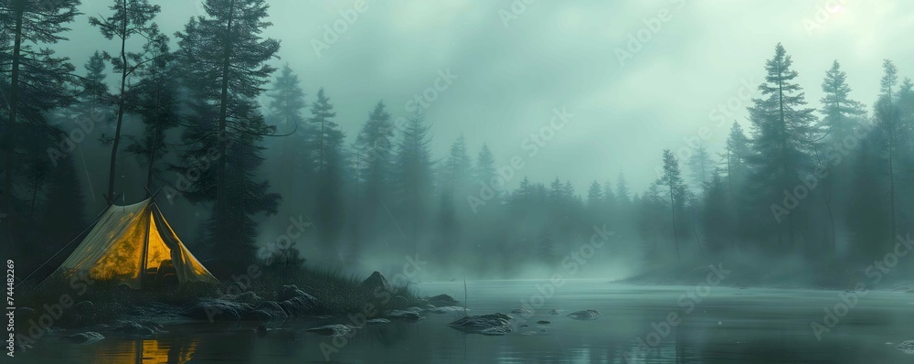 camping at night pine trees in a mystic foggy forest - obrazy, fototapety, plakaty 