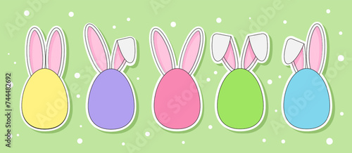 Colorful Easter eggs with bunny ears. Cute Easter sticker set. Vector illustration in flat style
