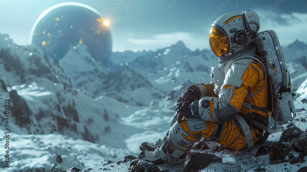 Astronaut Resting on a Different Planet Mountain Looking Toward Another Planet Astronaut Resting on a Different Planet Mountain Looking Toward Another Planet
