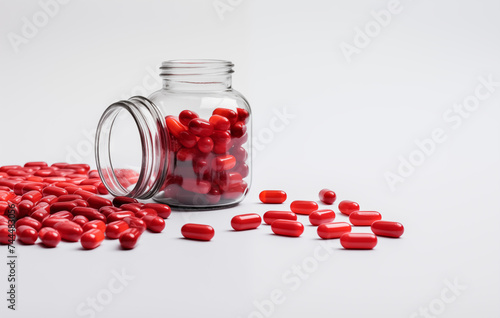 Medicine jar, medicine piled on the floor on a white background