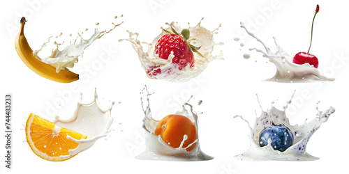 Set of fruit milk splash isolated on transparent background.