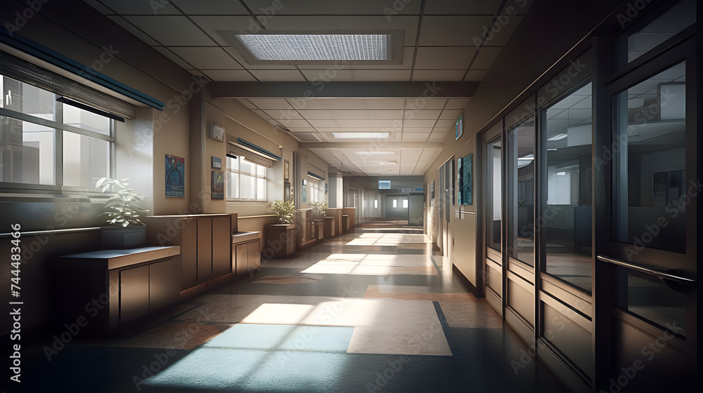 The hospital corridor was filled with activity, featuring detailed textures and realistic colors, using shallow depth of field to blur the background and draw attention to the foreground.