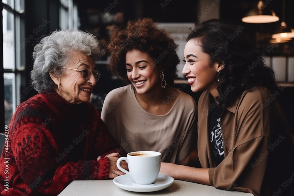 Three women of different ages engage in a heartfelt conversation at a coffee shop, embodying the Women's Day theme Three women of different ages engage in a heartfelt conversation at a coffee shop, embodying the Women's Day theme