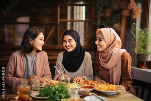 Asian and Muslim women share a joyful conversation  adorned with smiles  seated at a table featuring an array of diverse foods