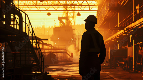 Humanity Amidst Machines: Silhouette of a worker standing against towering industrial machines, highlighting the vital role of human presence in the heart of manufacturing.