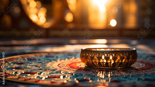 background with intricate geometric patterns and a prayer rug for Ramadan photo