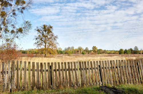 Old wooden fence against a blue sky with clouds on a sunny day. Background of old wood planks at countryside