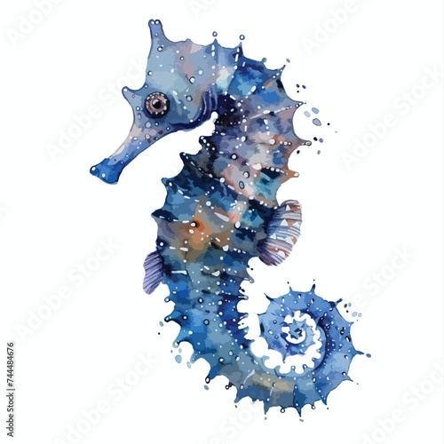 Watercolor blue seahorse isolated object marine