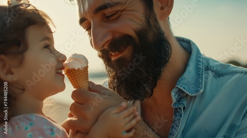 A captivating scene of a father and his daughter sharing a sweet moment over ice cream cones  their joy evident against the backdrop of pristine white  beautifully captured by the HD camera.