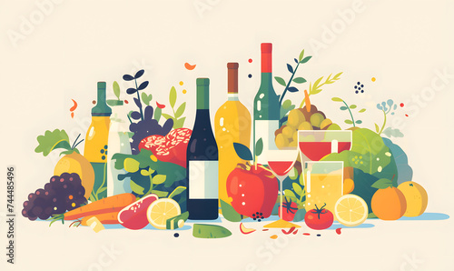Illustration of fruits, vegetables, and beverages on light background, Generative AI