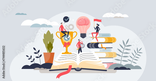Personal growth and learning for intelligence development tiny person concept. Self improvement with education and book reading vector illustration. Academic training to expand your mind horizon.
