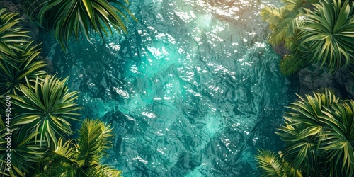 Untouched Tropical Scene with Leaves in the Style of Vintage Poster Design - Turquoise 3D Seascape cracked Bird Eye View Background created with Generative AI Technology