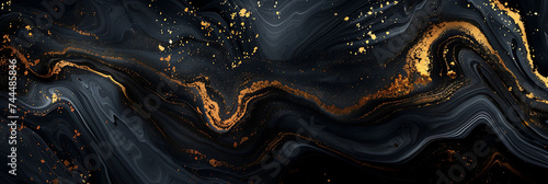 A black marble background with golden ink patterns, reflecting light and creating a sense of luxury and modern artistry © Simo