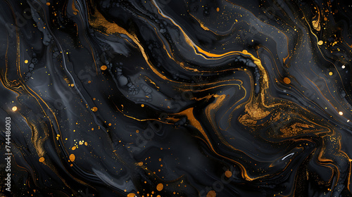 A black marble background with golden ink patterns, reflecting light and creating a sense of luxury and modern artistry