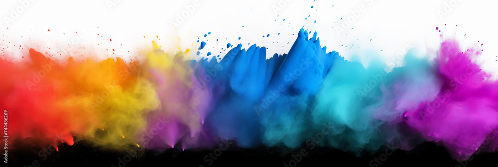 Explosion of colorful powder on white background. rainbow explosion explode burst isolated splatter abstract,Colorful rainbow holi powder splash, smoke or fog particles explosive special effect	
