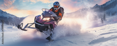 Winter snowmobile extreme fun moto sport. Snowmobile rider driving very fast in winter land © amazingfotommm