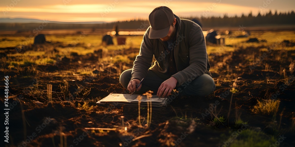 A person collecting soil samples for farm analysis and evaluation. Concept Agricultural Soil Testing, Farming Research, Soil Sampling Techniques, Field Data Collection, Agronomy Analysis - obrazy, fototapety, plakaty 