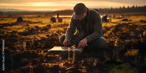 A person collecting soil samples for farm analysis and evaluation. Concept Agricultural Soil Testing, Farming Research, Soil Sampling Techniques, Field Data Collection, Agronomy Analysis photo