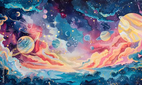 tempura gouache art print on paper, cosmic planets and galaxy of stars, Generative AI