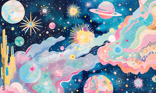 tempura gouache art print on paper, cosmic planets and galaxy of stars, Generative AI