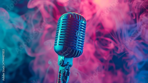 Retro microphone on a background of colored smoke 