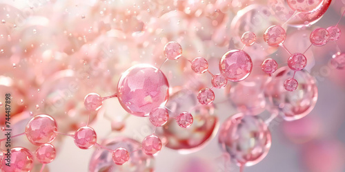  molecules with floating pink bubbles, Collagen Skin Serum and Vitamin , Pink bubbles in water, playful and vibrant, for beauty skin care cosmetics, spa products, or feminine branding,