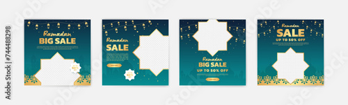 Exclusive promotional Ramadan banner decorated with lanterns, star motifs and pictures of mosques, enhanced with an attractive touch of gold