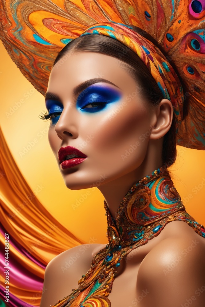 Naklejka premium A woman with bright blue eye shadow, a colorful hat, and an orange and blue scarf around her neck.