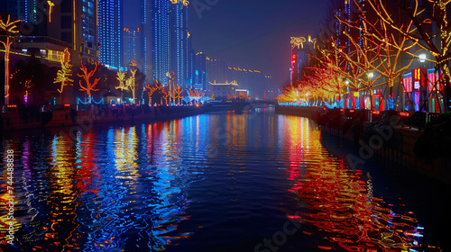 Illuminated Haihe River scenery, Tianjin, China.