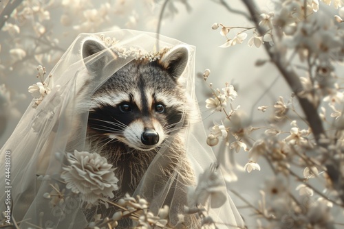 A raccoon wearing a delicate veil gracefully poses in a field of vibrant flowers, exuding a sense of mystery and elegance in its surroundings photo