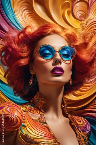 In the image, a woman with vibrant red hair and matching lipstick lies on a bed of colorful waves. She wears round sunglasses and jewelry that matches her lipstick.
