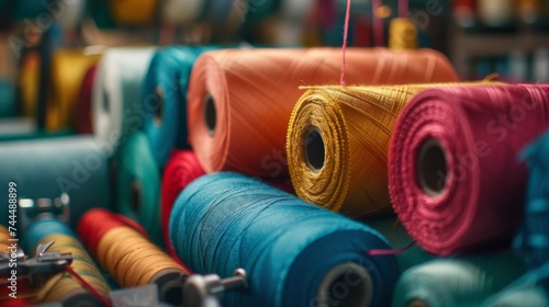 Colorful fabric rolls amidst a collection of sewing tools