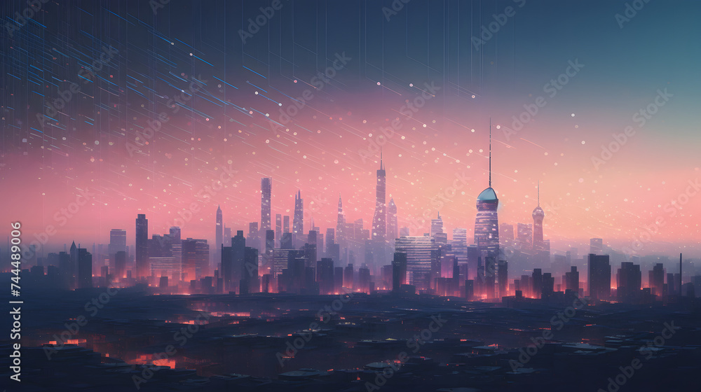  a city in front of an expanding skyline and financial market - obrazy, fototapety, plakaty 