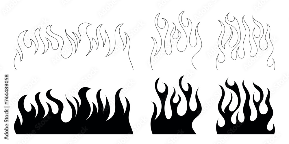 Classic silhouette flame. Black fire set isolated on white background. 90s tattoo tribal style or silhouette flame for cars. Minimalistic stylish fire outline and filled contour. Vector set