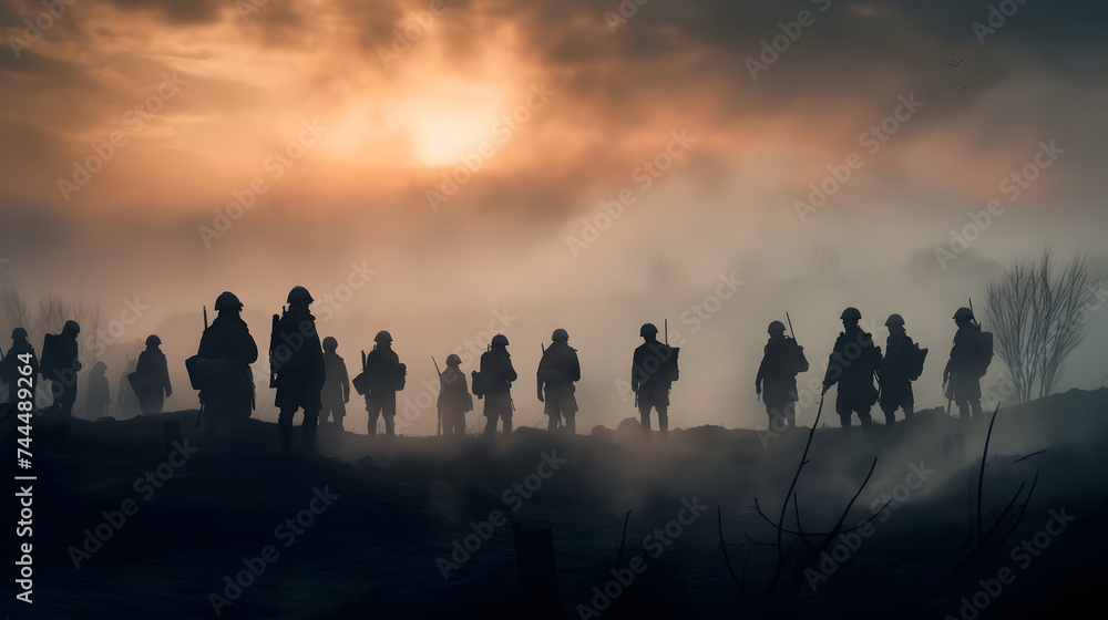 a large group of soldiers stand in the fog at sunset a large group of soldiers stand in the fog at sunset