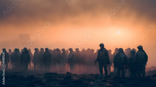  a large group of soldiers stand in the fog at sunset